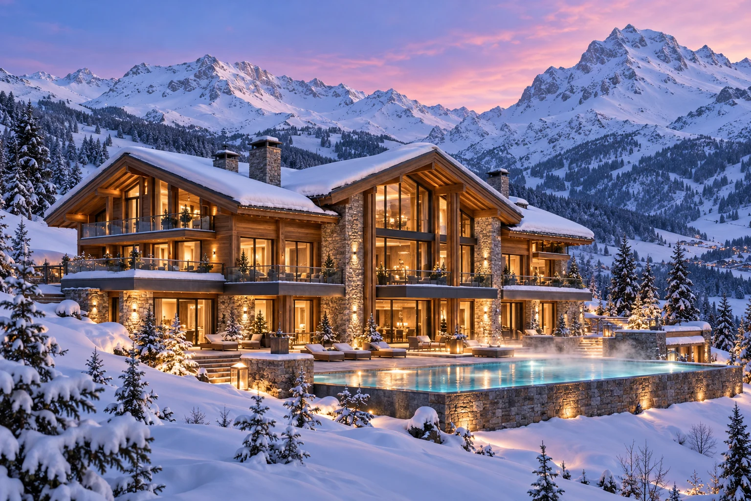 Fiktives Alpenhotel mit beleuchteten Fenstern und Pool im Schnee